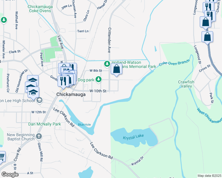 map of restaurants, bars, coffee shops, grocery stores, and more near 905 Crittenden Avenue in Chickamauga