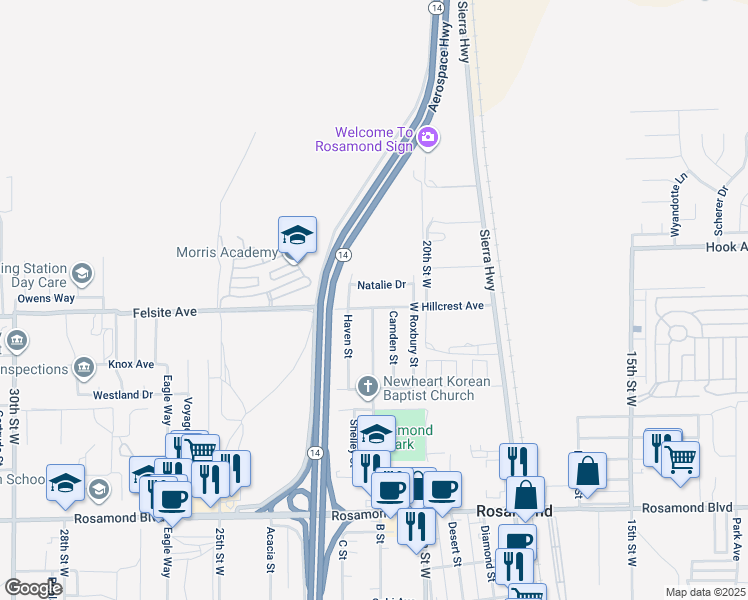 map of restaurants, bars, coffee shops, grocery stores, and more near 2125 Hillcrest Avenue in Rosamond
