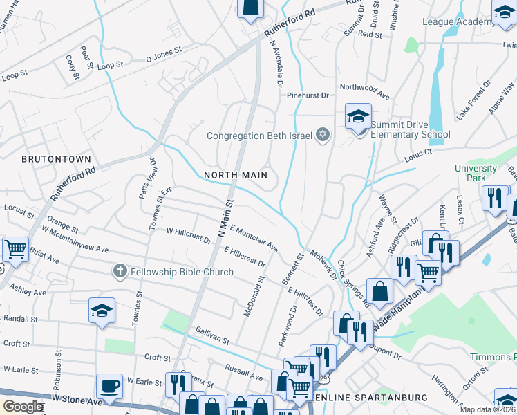 map of restaurants, bars, coffee shops, grocery stores, and more near 18 Morningdale Drive in Greenville