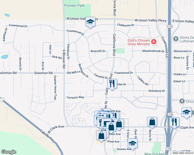 map of restaurants, bars, coffee shops, grocery stores, and more near 964 Camelot Drive in Santa Maria