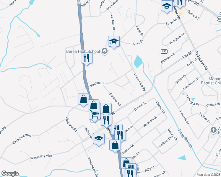 map of restaurants, bars, coffee shops, grocery stores, and more near 40 Burdine Road in Greenville