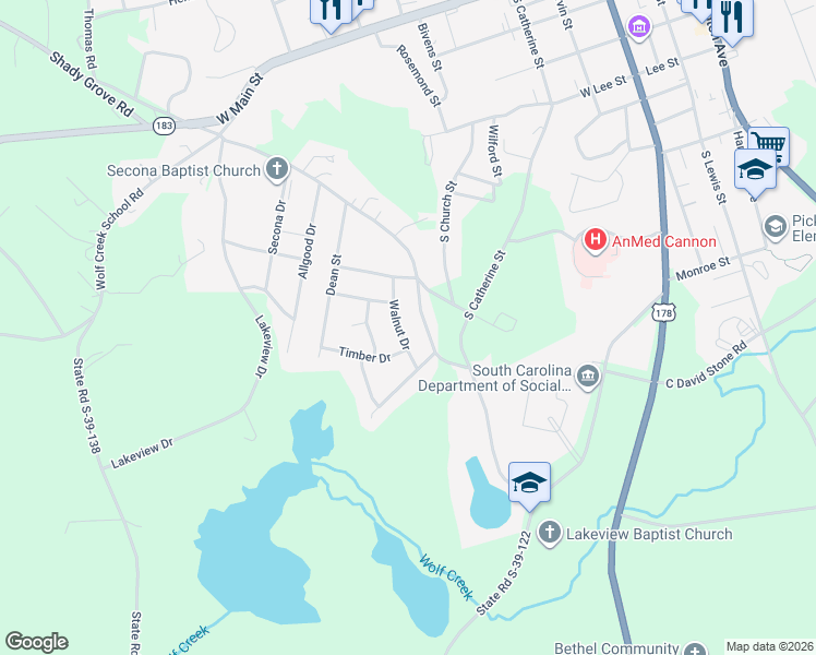map of restaurants, bars, coffee shops, grocery stores, and more near 208 Walnut Drive in Pickens