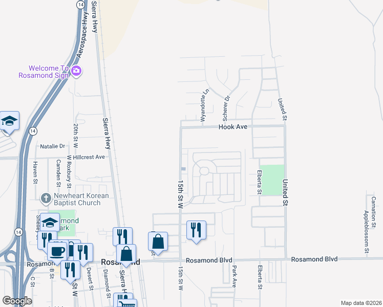 map of restaurants, bars, coffee shops, grocery stores, and more near 3300 15th Street West in Rosamond