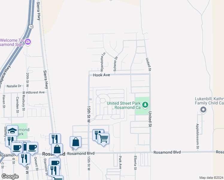map of restaurants, bars, coffee shops, grocery stores, and more near in Rosamond
