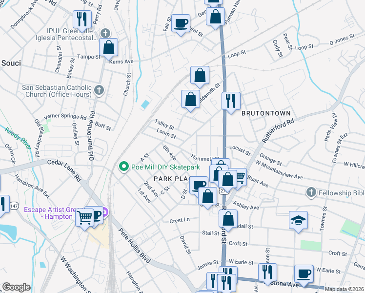 map of restaurants, bars, coffee shops, grocery stores, and more near 102 Hammett Street Extension in Greenville