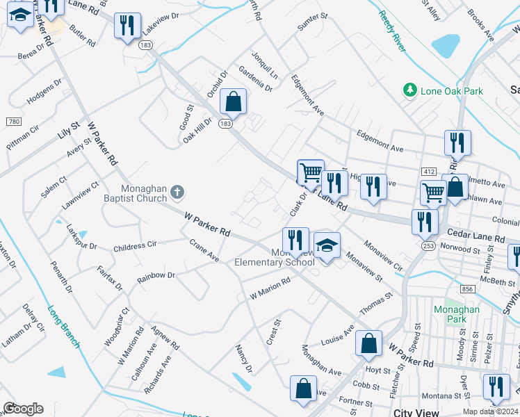 map of restaurants, bars, coffee shops, grocery stores, and more near 1201 Clark Drive in Greenville
