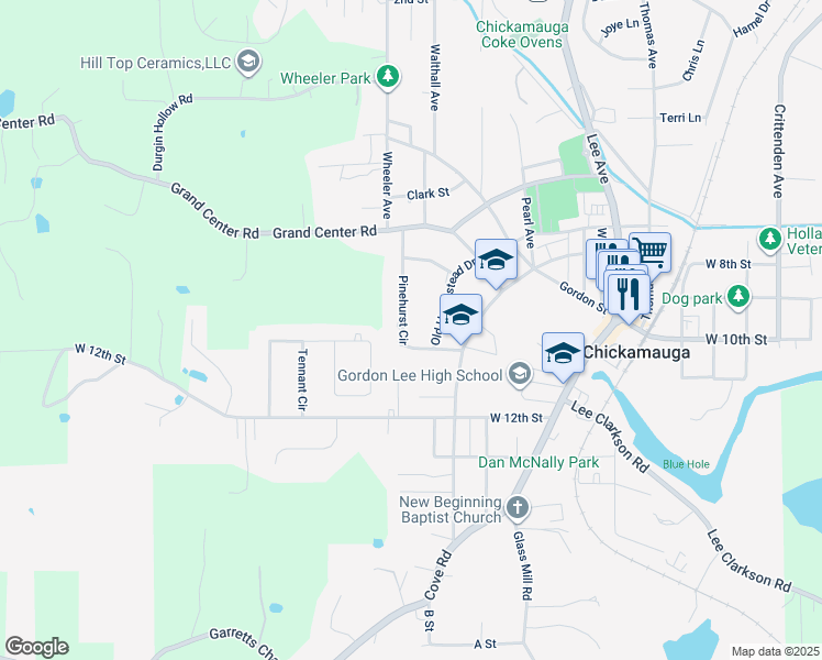 map of restaurants, bars, coffee shops, grocery stores, and more near 105 Old Homestead Drive in Chickamauga