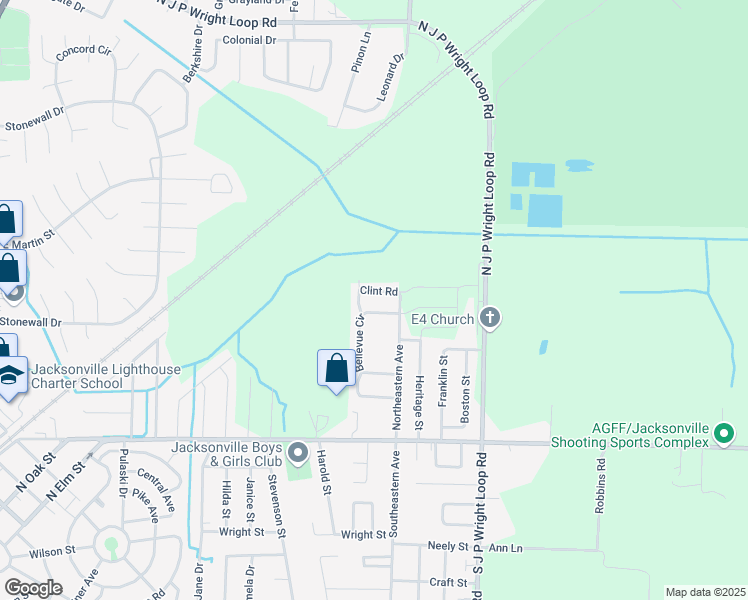 map of restaurants, bars, coffee shops, grocery stores, and more near 304B Clint Road in Jacksonville
