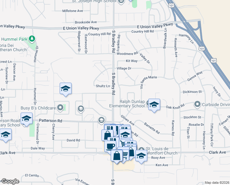 map of restaurants, bars, coffee shops, grocery stores, and more near 4564 South Bradley Road in Santa Maria