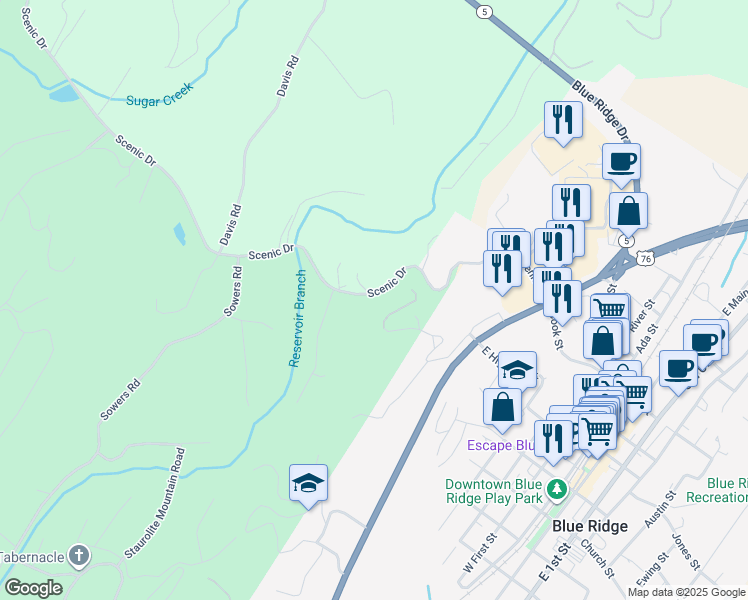 map of restaurants, bars, coffee shops, grocery stores, and more near 2330 Scenic Drive in Blue Ridge