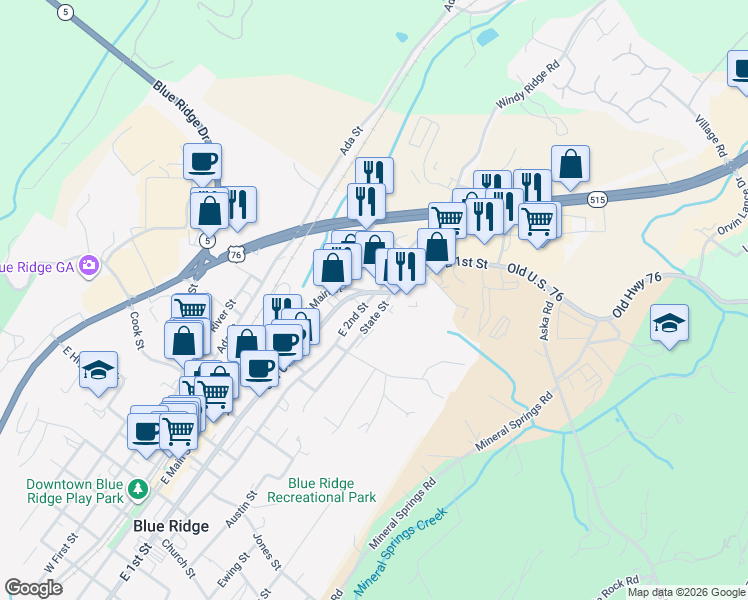 map of restaurants, bars, coffee shops, grocery stores, and more near 3950 East 1st Street in Blue Ridge