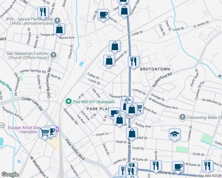 map of restaurants, bars, coffee shops, grocery stores, and more near 211 Conyers Street in Greenville