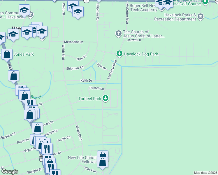 map of restaurants, bars, coffee shops, grocery stores, and more near 203 Sanders Lane in Havelock