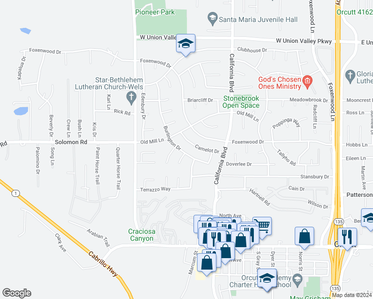 map of restaurants, bars, coffee shops, grocery stores, and more near 1043 Burlington Drive in Santa Maria