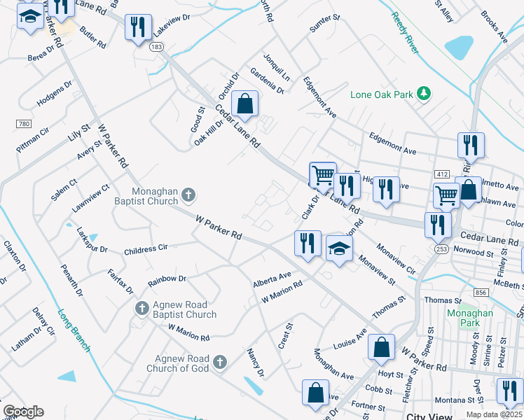 map of restaurants, bars, coffee shops, grocery stores, and more near 1201 Clark Drive in Greenville
