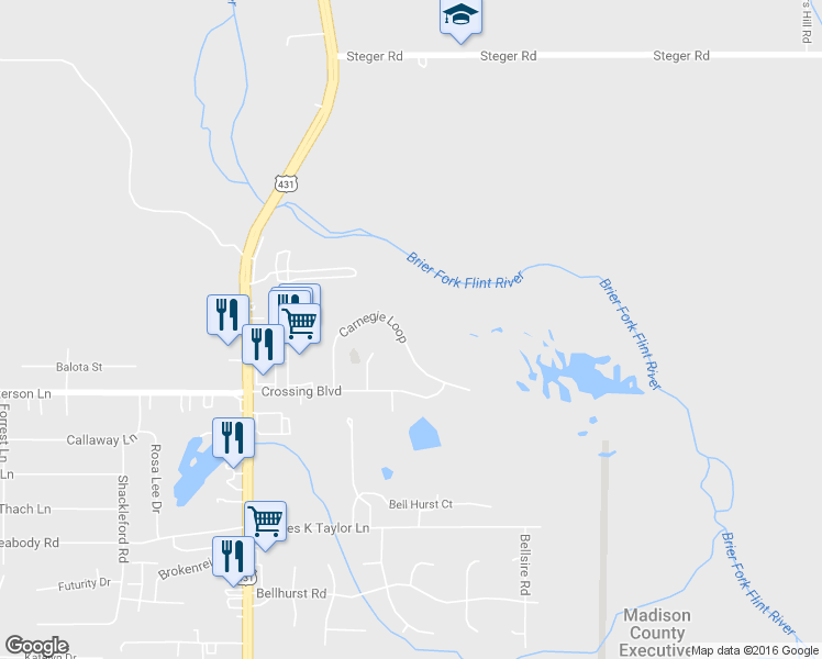 map of restaurants, bars, coffee shops, grocery stores, and more near 136 Carnegie Loop in Meridianville