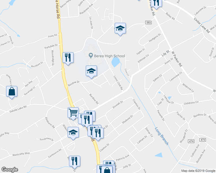 map of restaurants, bars, coffee shops, grocery stores, and more near 104 Prince Charming Drive in Greenville