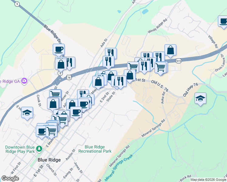 map of restaurants, bars, coffee shops, grocery stores, and more near 3950 East 1st Street in Blue Ridge