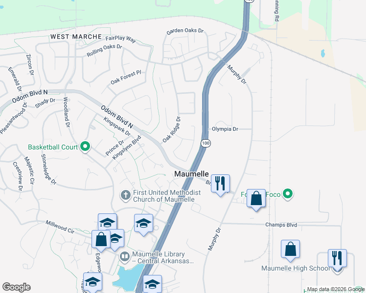 map of restaurants, bars, coffee shops, grocery stores, and more near 74 Pin Oak Loop in Maumelle