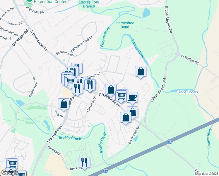 map of restaurants, bars, coffee shops, grocery stores, and more near 2010 River Road in Greer