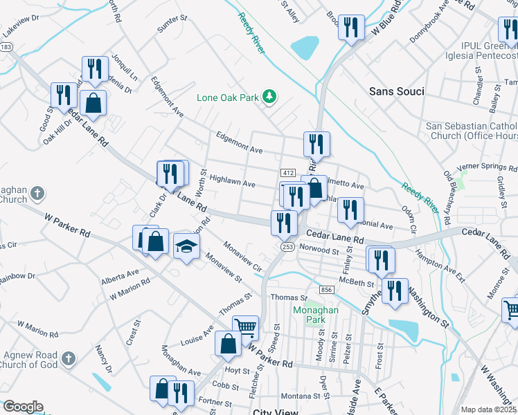 map of restaurants, bars, coffee shops, grocery stores, and more near 9 Yellowstone Drive in Greenville