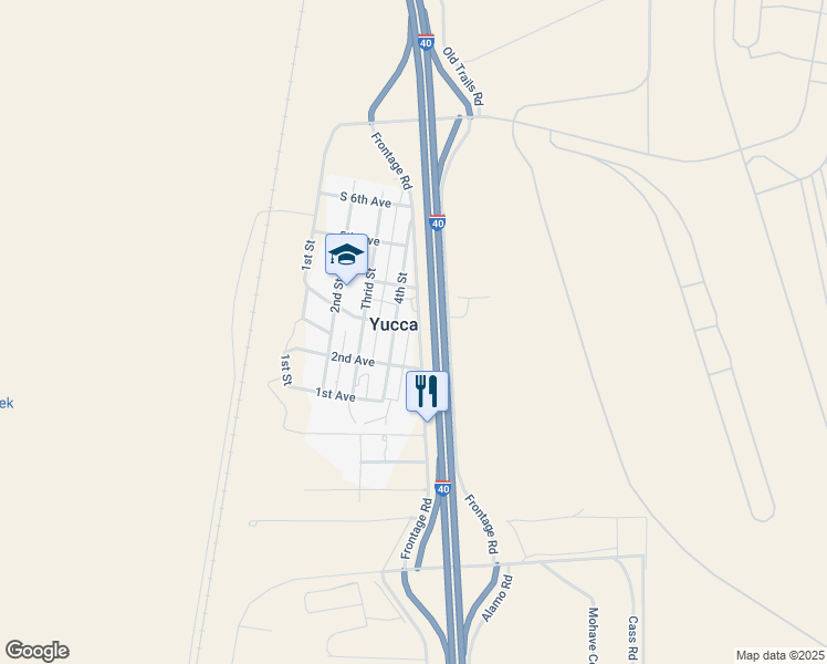 map of restaurants, bars, coffee shops, grocery stores, and more near 12285 Frontage Road in Yucca