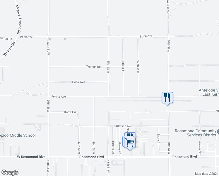 map of restaurants, bars, coffee shops, grocery stores, and more near Felsite Avenue in Rosamond