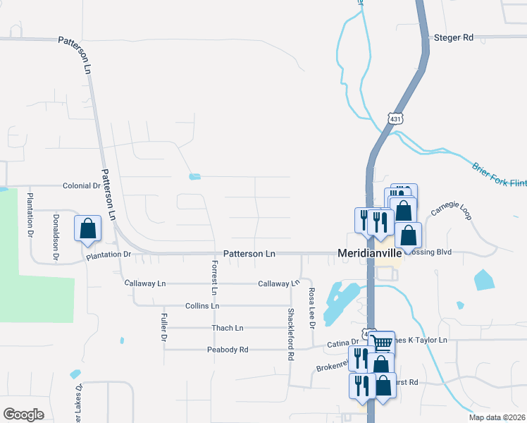 map of restaurants, bars, coffee shops, grocery stores, and more near 221 Rowan Street in Meridianville
