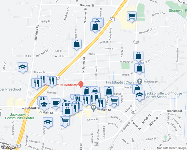 map of restaurants, bars, coffee shops, grocery stores, and more near 705 Braden Street in Jacksonville