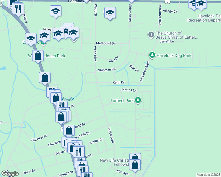 map of restaurants, bars, coffee shops, grocery stores, and more near 313 Deacon Court in Havelock