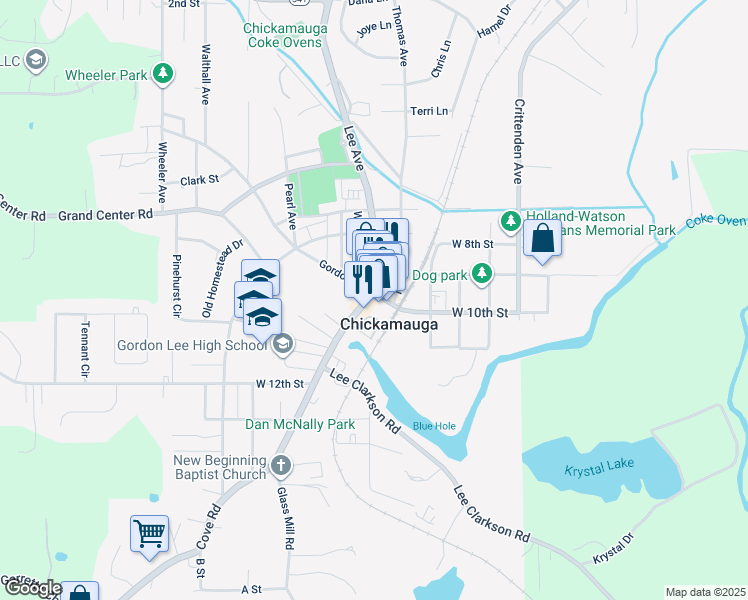 map of restaurants, bars, coffee shops, grocery stores, and more near 126 Gordon Street in Chickamauga