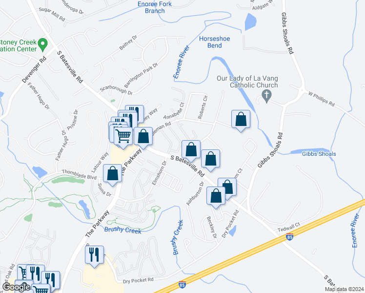 map of restaurants, bars, coffee shops, grocery stores, and more near 422 Cliffview Court in Greer