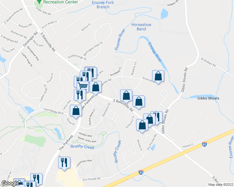 map of restaurants, bars, coffee shops, grocery stores, and more near 417 Cliffview Court in Greer