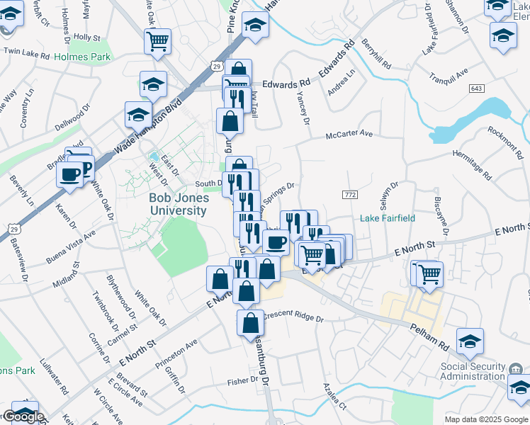 map of restaurants, bars, coffee shops, grocery stores, and more near 8 Indian Springs Drive in Greenville