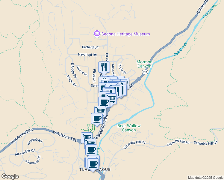 map of restaurants, bars, coffee shops, grocery stores, and more near 371 Cedar Street in Sedona