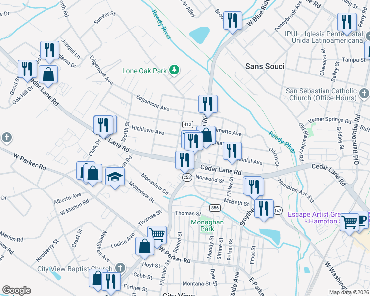 map of restaurants, bars, coffee shops, grocery stores, and more near 11 Eli Street in Greenville