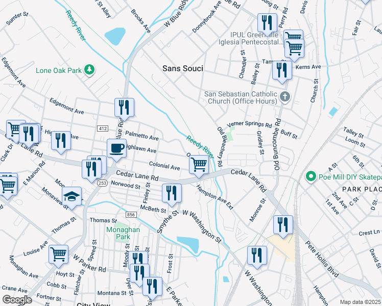 map of restaurants, bars, coffee shops, grocery stores, and more near 102 Odom Cir in Greenville