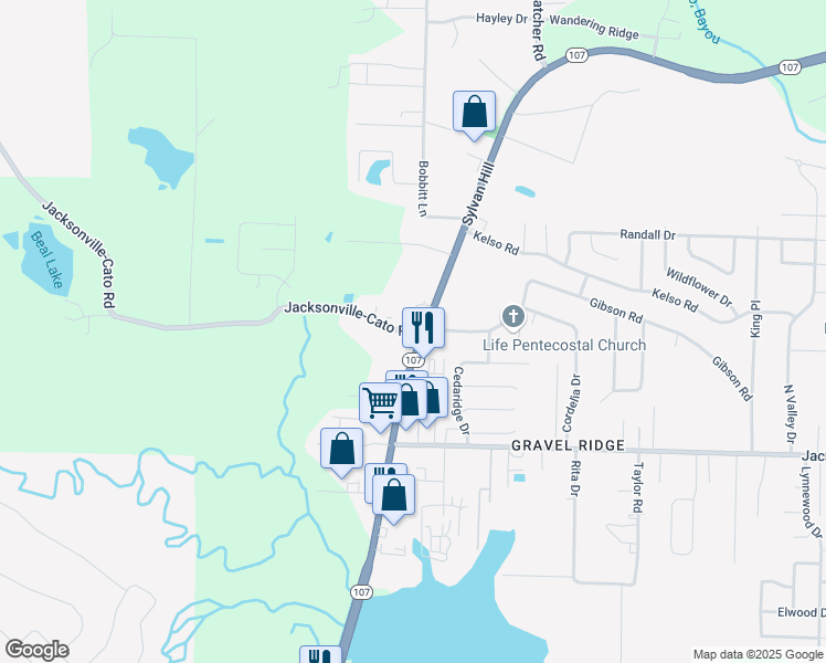 map of restaurants, bars, coffee shops, grocery stores, and more near 1201 Jacksonville-Cato Road in Sherwood