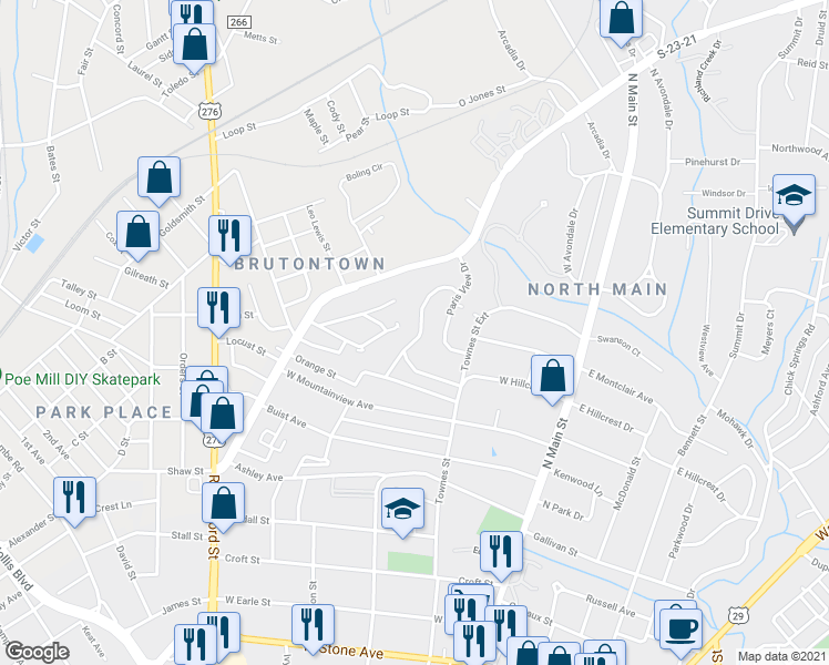map of restaurants, bars, coffee shops, grocery stores, and more near 211 West Hillcrest Drive in Greenville