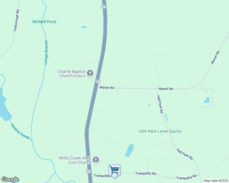 map of restaurants, bars, coffee shops, grocery stores, and more near 6571 Marsh Road in Fayetteville