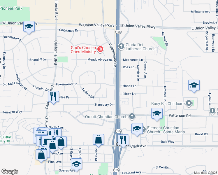 map of restaurants, bars, coffee shops, grocery stores, and more near 140 Foxenwood Dr in Santa Maria