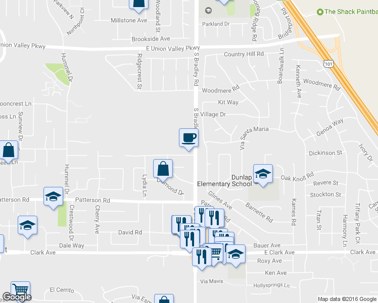 map of restaurants, bars, coffee shops, grocery stores, and more near 1075 Amethyst Drive in Santa Maria