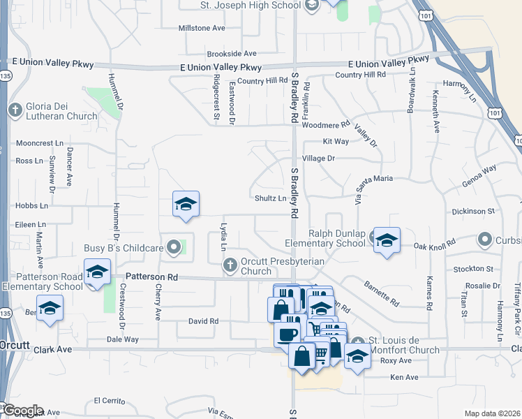 map of restaurants, bars, coffee shops, grocery stores, and more near 985 Amethyst Drive in Orcutt