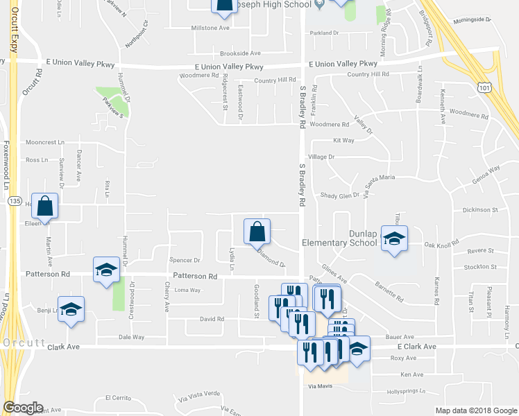map of restaurants, bars, coffee shops, grocery stores, and more near 985 Amethyst Drive in Santa Maria