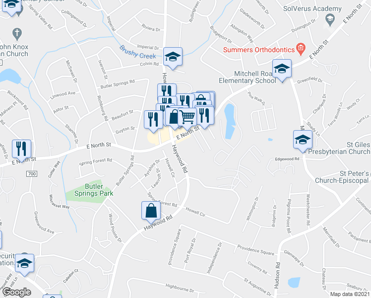 map of restaurants, bars, coffee shops, grocery stores, and more near 3706 East North Street in Greenville