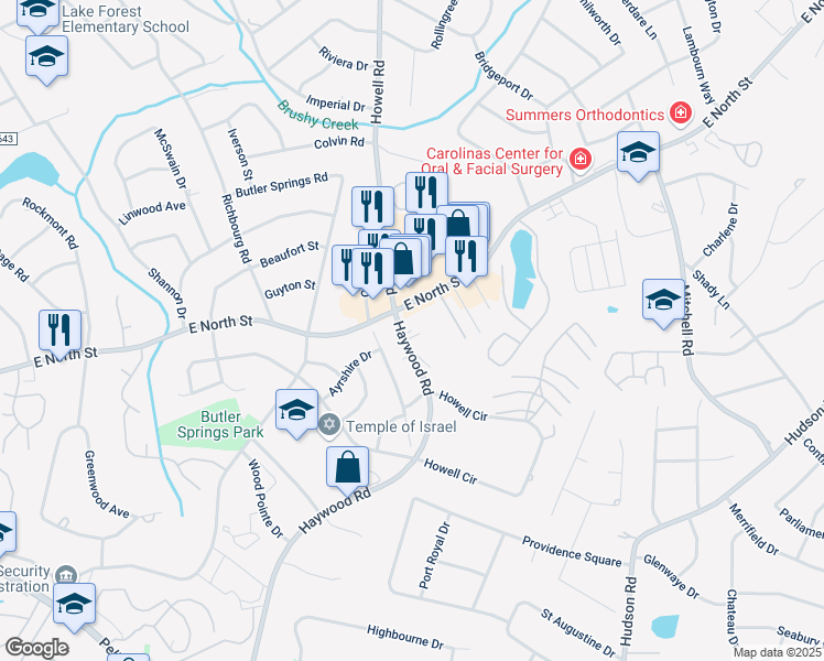 map of restaurants, bars, coffee shops, grocery stores, and more near 1320 Haywood Road in Greenville