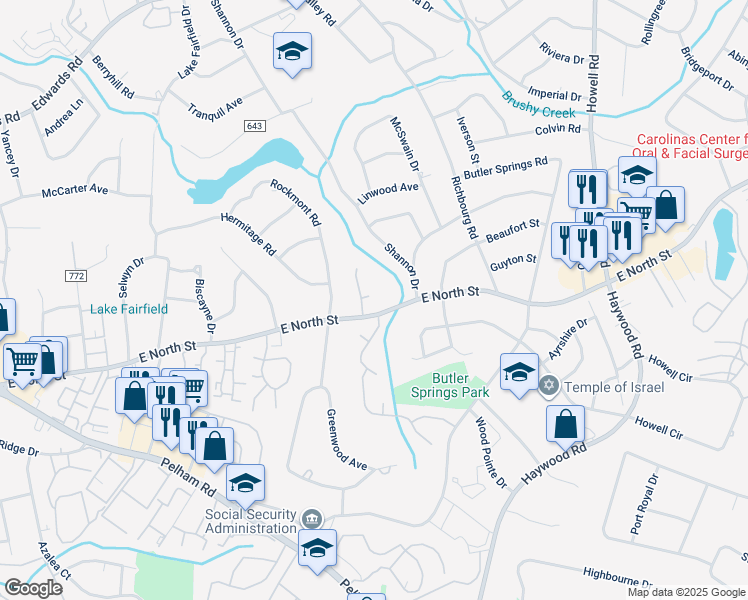 map of restaurants, bars, coffee shops, grocery stores, and more near 3 12 Oaks Terrace in Greenville
