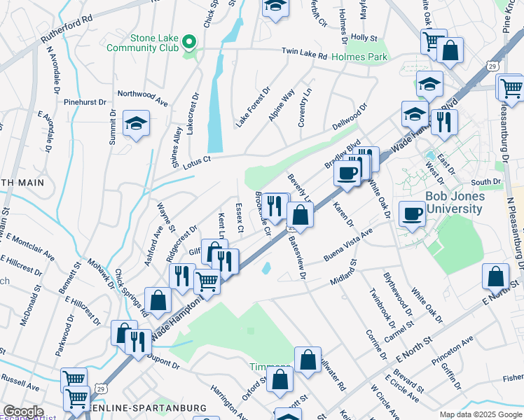 map of restaurants, bars, coffee shops, grocery stores, and more near 1 Bradley Boulevard in Greenville
