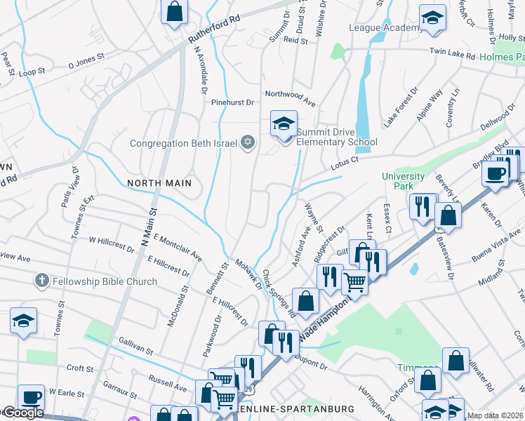 map of restaurants, bars, coffee shops, grocery stores, and more near 25 Meyers Court in Greenville
