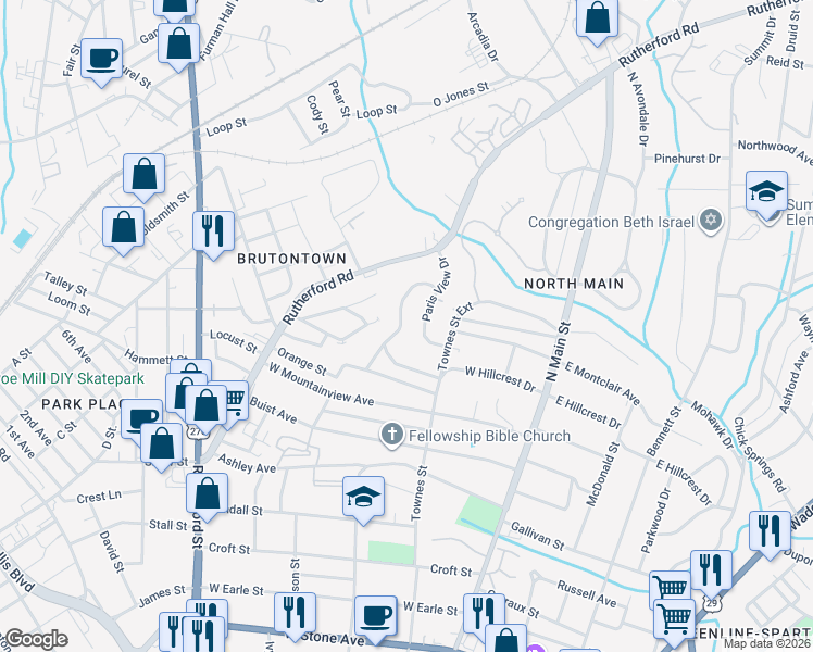map of restaurants, bars, coffee shops, grocery stores, and more near 211 West Hillcrest Drive in Greenville